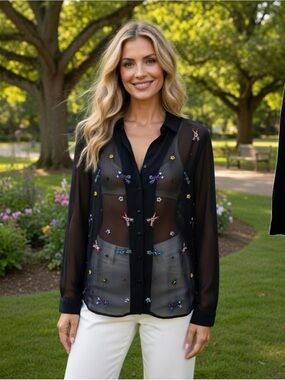 Topshop Black Sheer Button-Down Blouse with Multicolor Stones Hand beaded Size 6